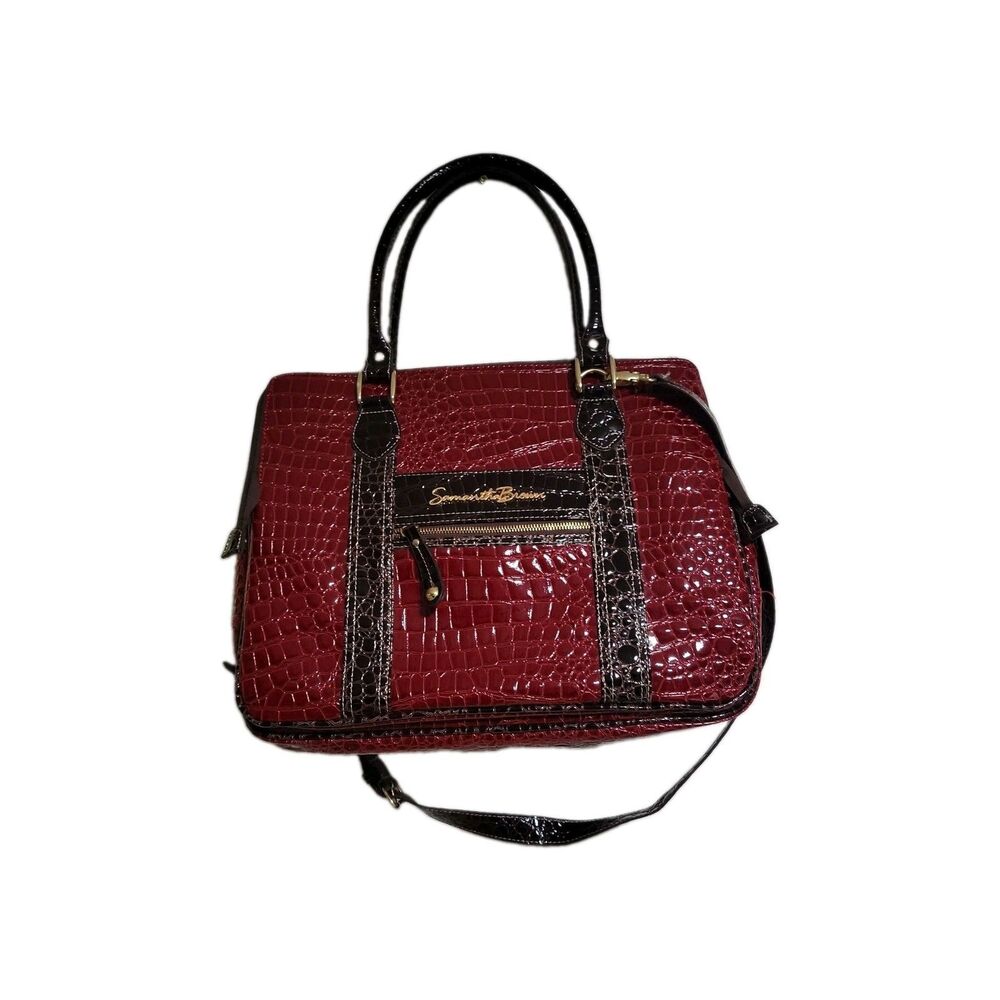 Samantha Brown Croco Travel Purse Luggage Dowel Handbag Maroon Pockets Weekend